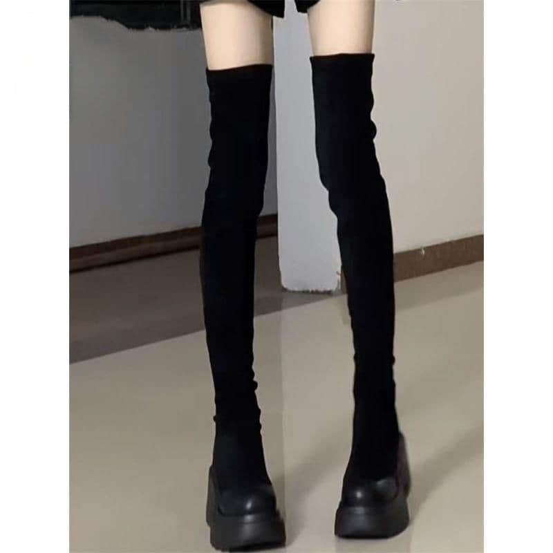 厚底　ブーツ ストレッチ美脚厚底ロングブーツ