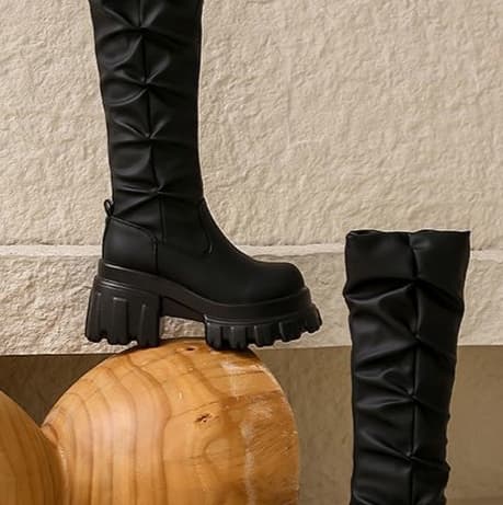 厚底　ブーツ ギャザーデザイン厚底ロングブーツ