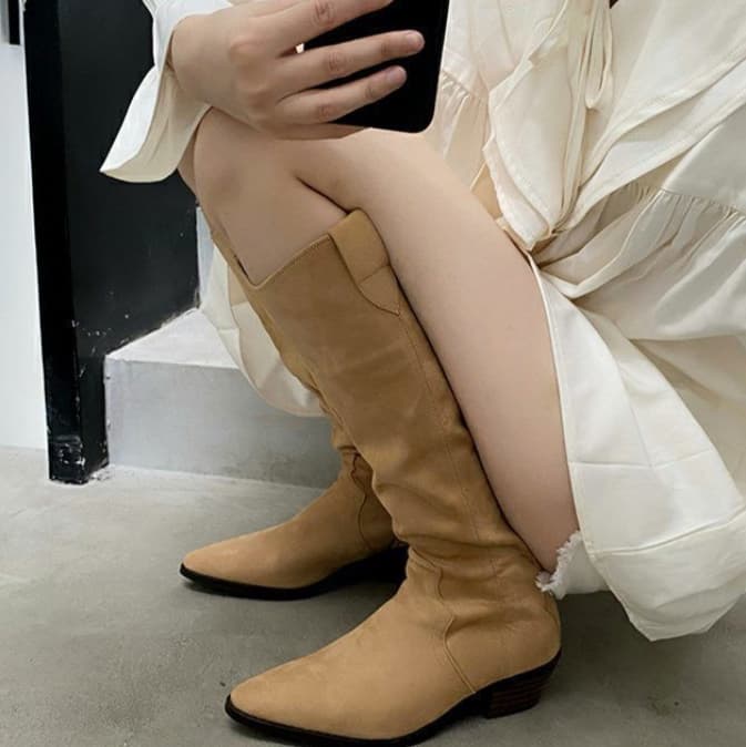 厚底　ブーツ レトロ調 ウエスタンロングブーツ