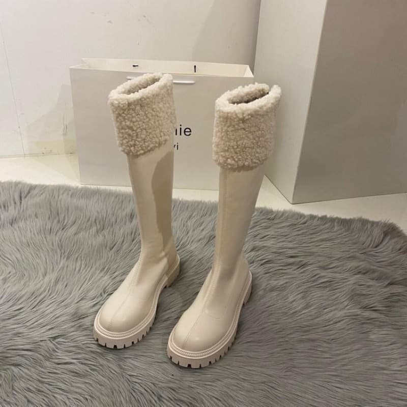 厚底　ブーツ もこもこファー付きロング厚底ブーツ