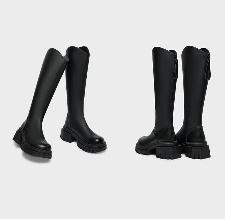 厚底　ブーツ チャンキーヒール ストレッチロングブーツ