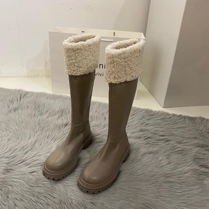 厚底　ブーツ もこもこファー付きロング厚底ブーツ
