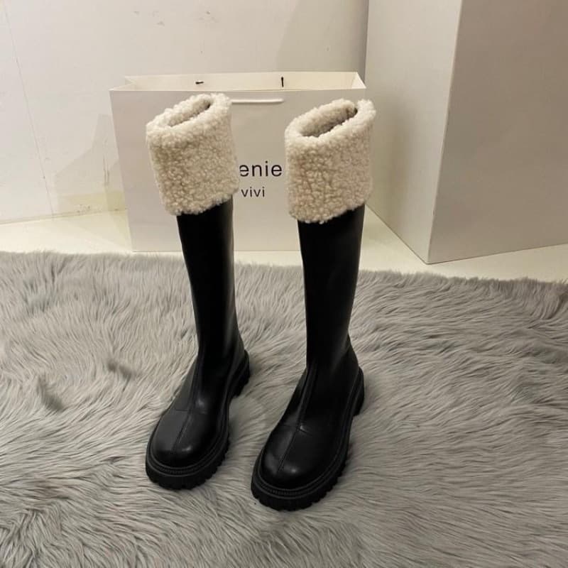厚底　ブーツ もこもこファー付きロング厚底ブーツ