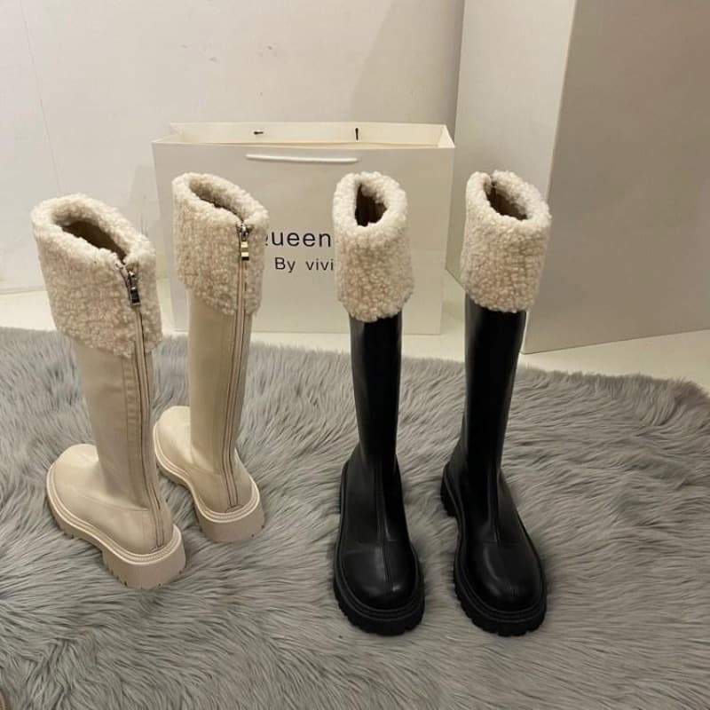 厚底　ブーツ もこもこファー付きロング厚底ブーツ
