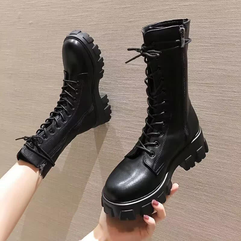 厚底　ブーツ モダンカジュアル厚底レースアップブーツ