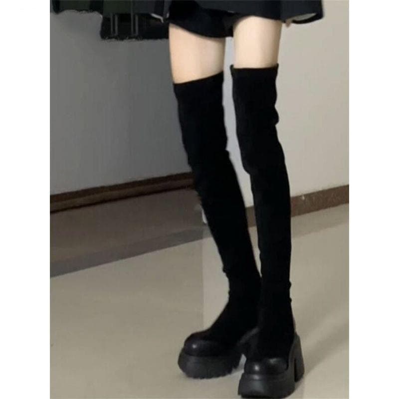 厚底　ブーツ ストレッチ美脚厚底ロングブーツ