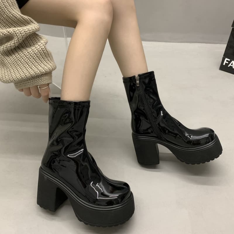 厚底　ブーツ 光沢アンクルジッパー厚底ブーツ