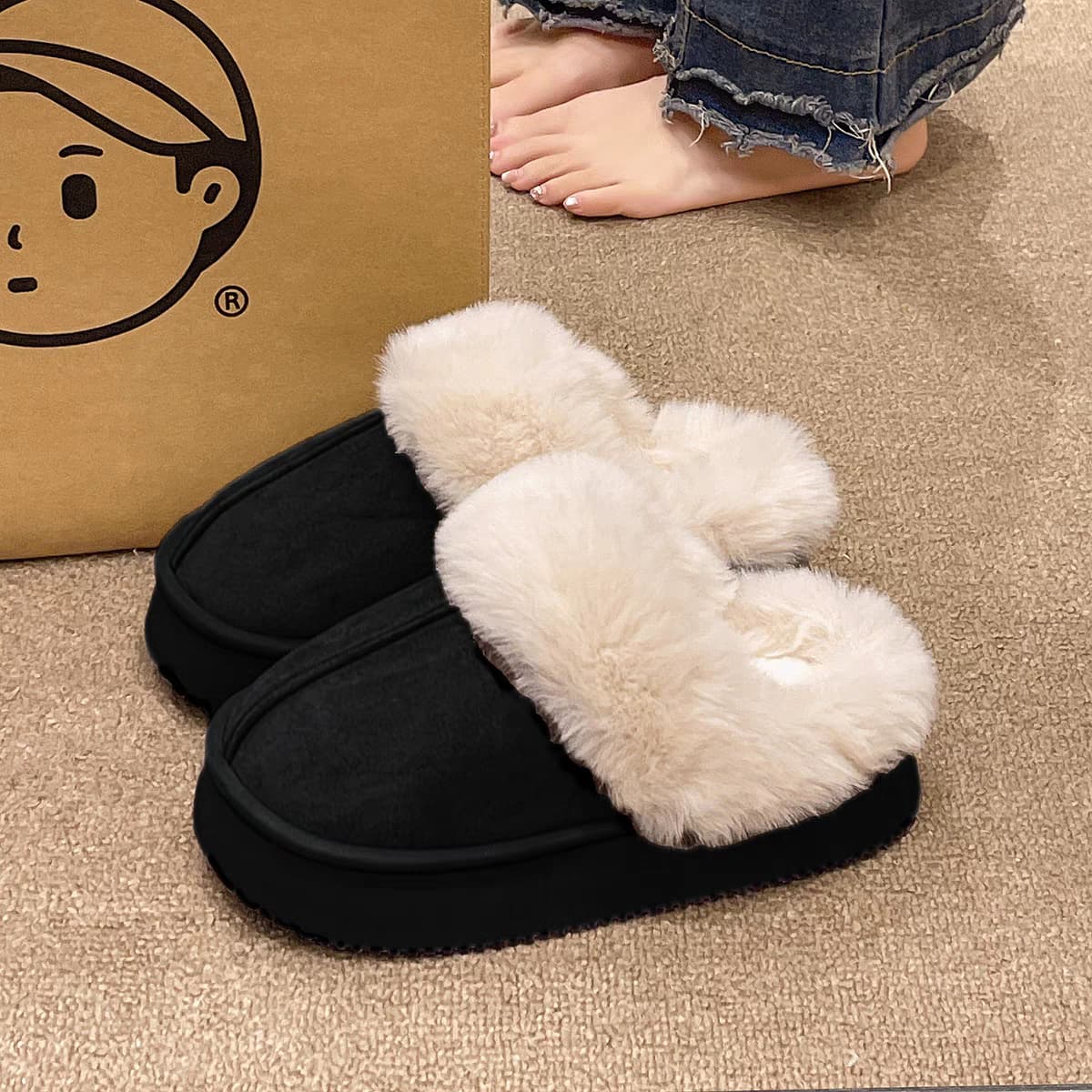 厚底 ブーツ もこもこファー付き厚底スリッパ