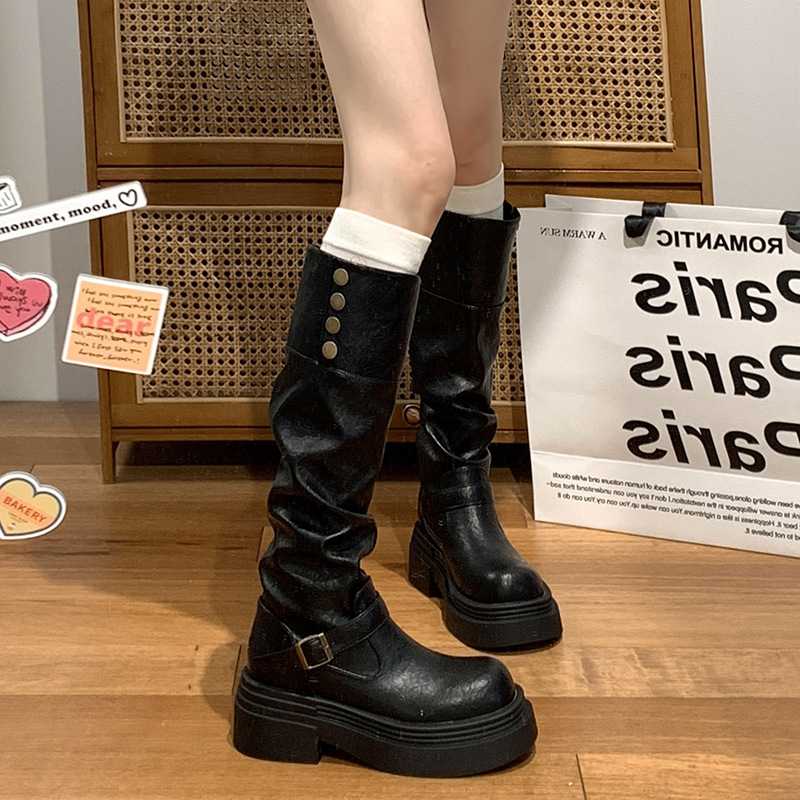厚底 ブーツ レトロ風ロングブーツ 厚底バックル付き