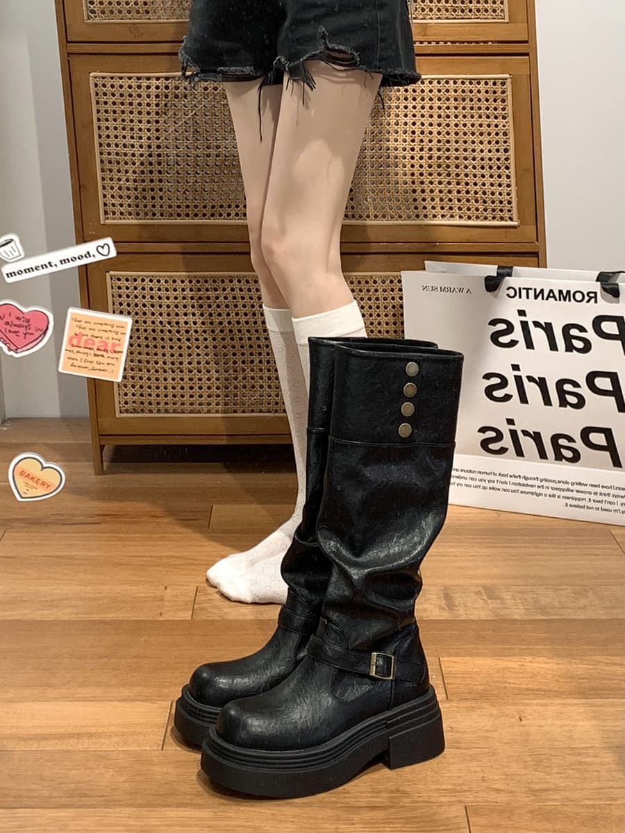 厚底 ブーツ レトロ風ロングブーツ 厚底バックル付き