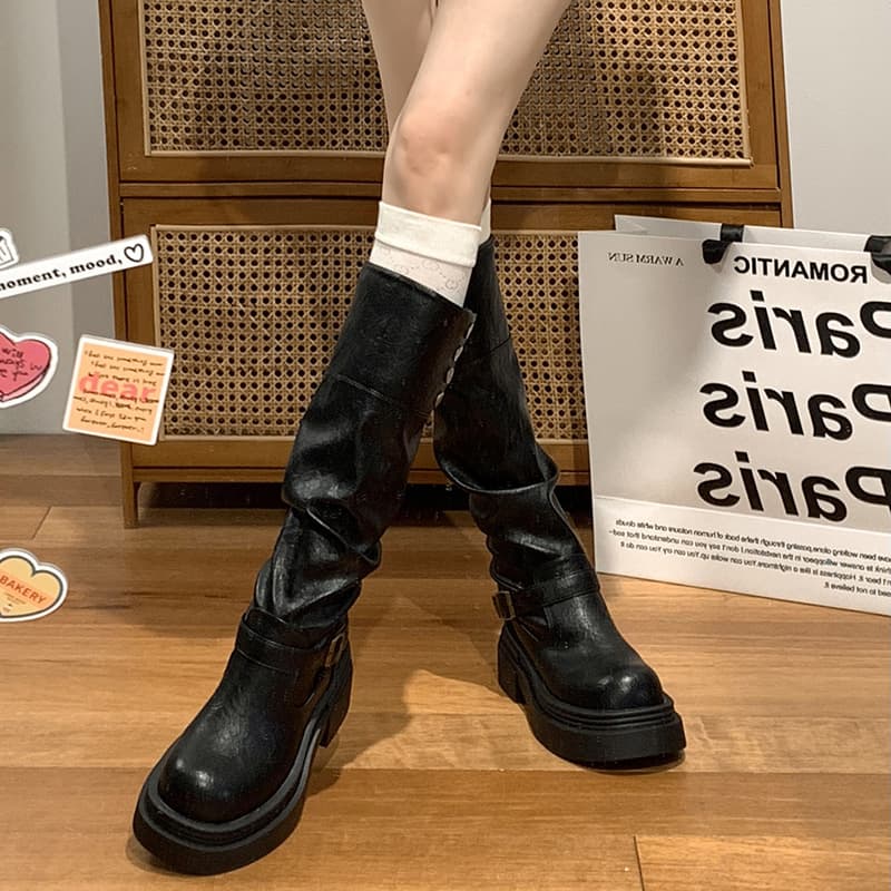 厚底 ブーツ レトロ風ロングブーツ 厚底バックル付き
